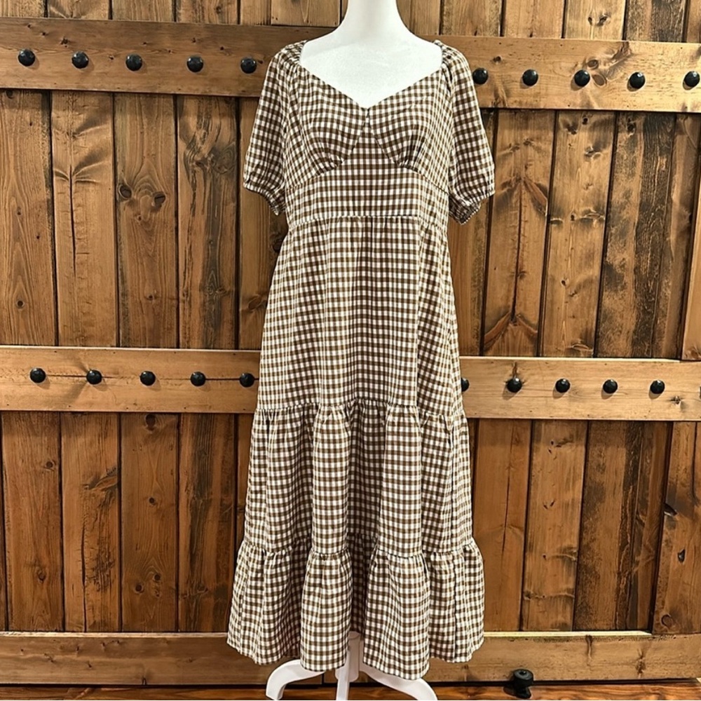Brown Gingham Midi Dress - Women's Tiered Swing Dress